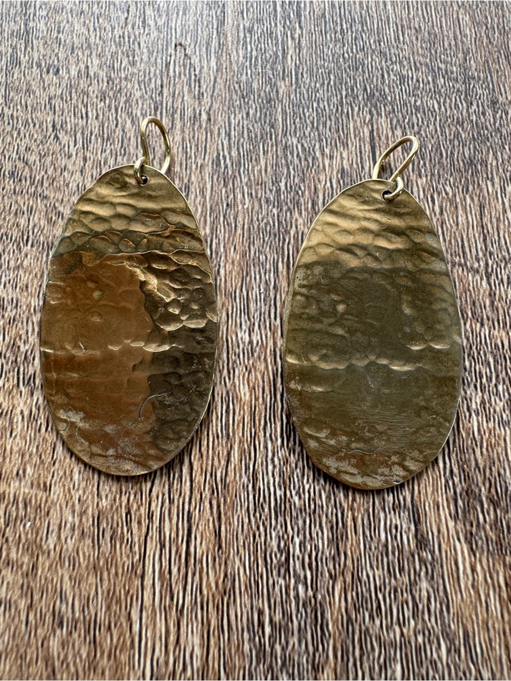 Hand Made Hammered Oval Brass Drop Earrings - Gold